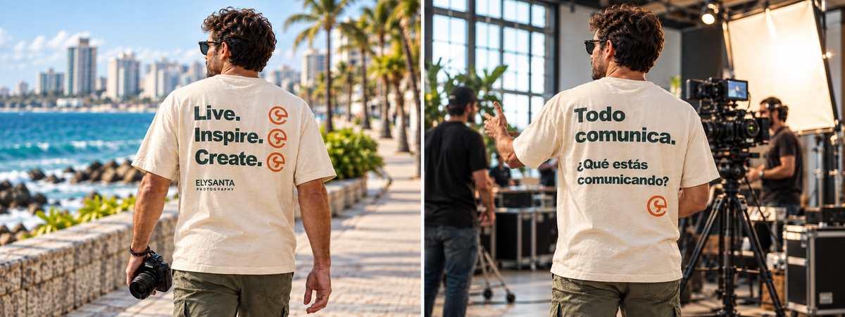 Las camisetas Live. Inspire. Create. y Todo comunica, mostradas de espalda en dos escenas: junto al mar y en un estudio fotográfico.